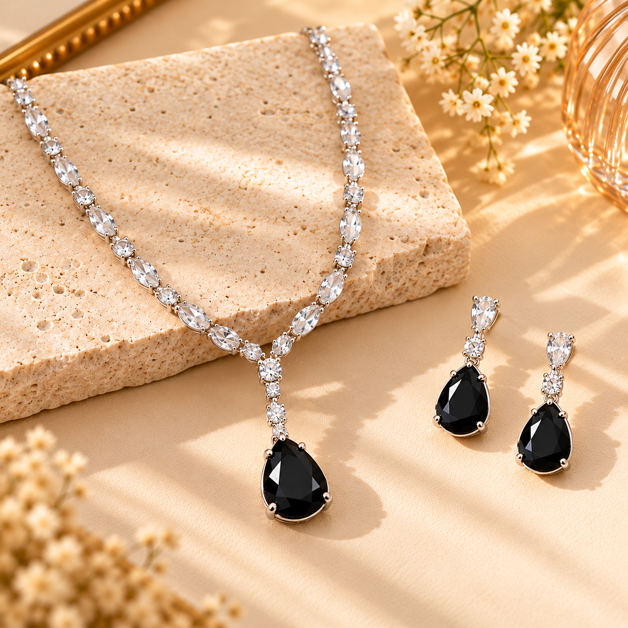 Noir Teardrop Crystal Necklace Set